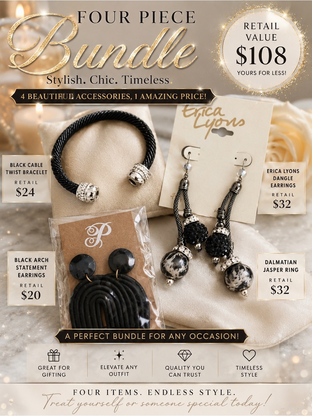 Erica Lyons Black & White Four-Piece Jewelry Bundle